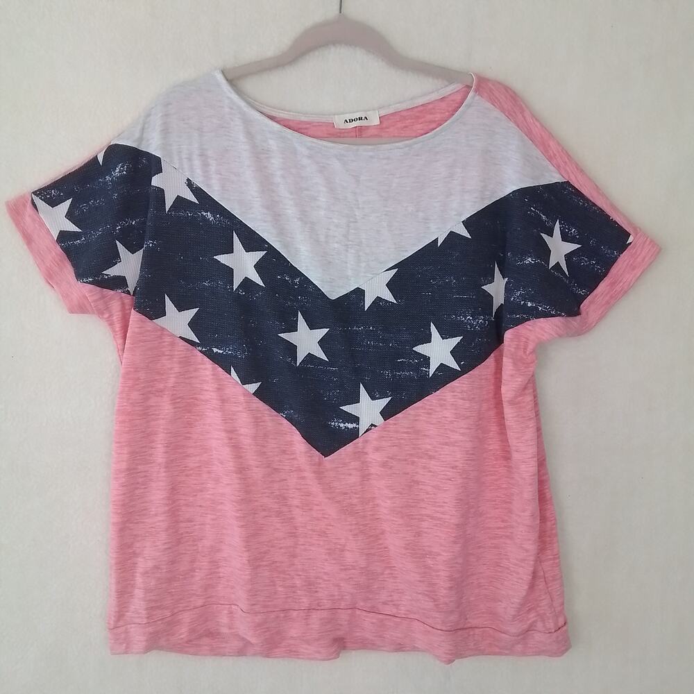 Adora Womens T-shirt M‎ Oversized Dolman Sleeve Tee Patriotic Red White Blue